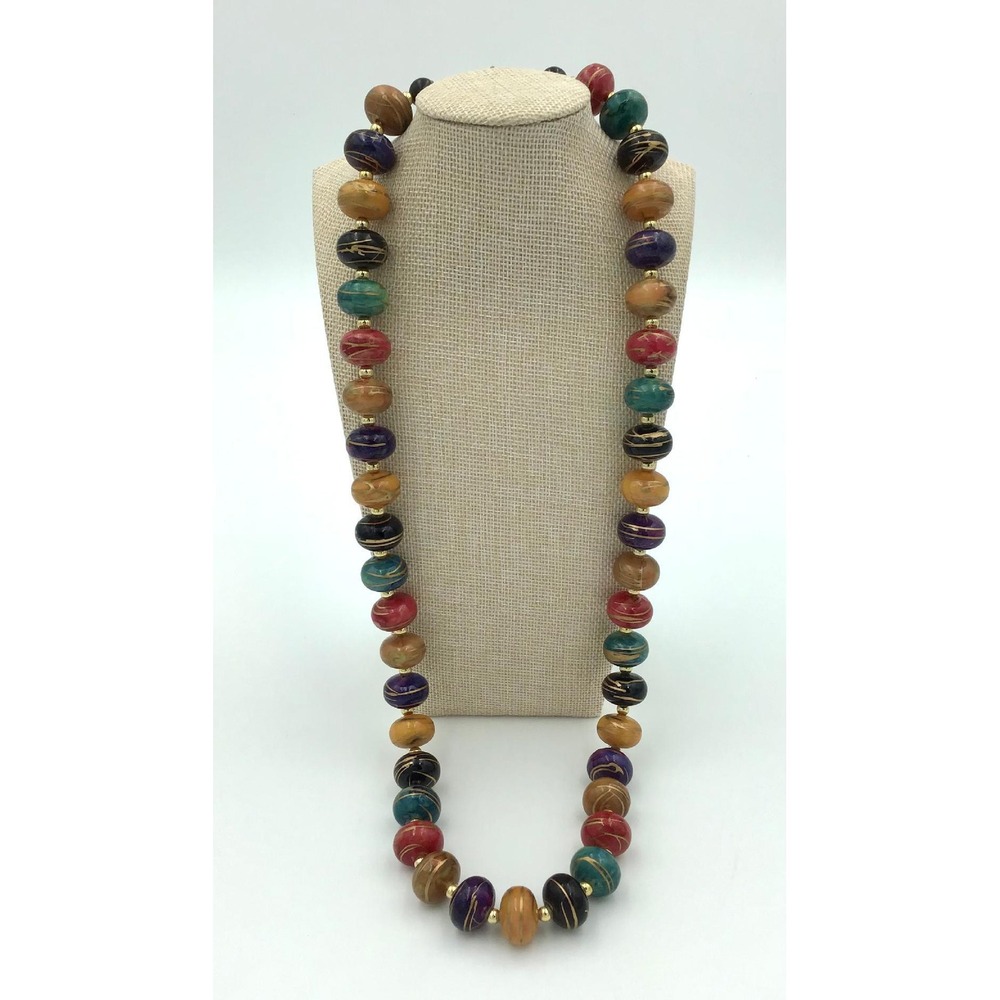 VTG 90s Chunky Multi-Colored Marbled Bead Necklace Gold Tone Swirl Statement 26"
